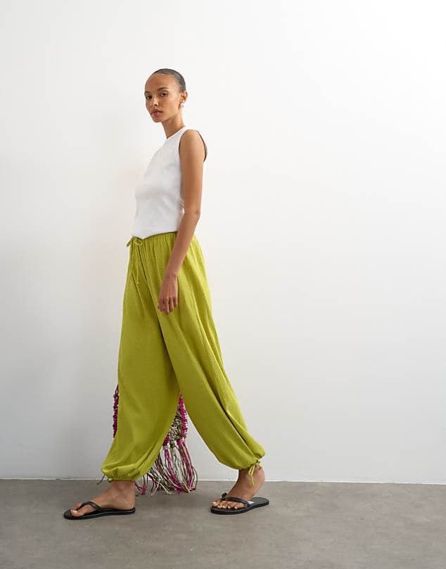 ASOS Topshop crinkle balloon trouser in green — Warm olive green trouser