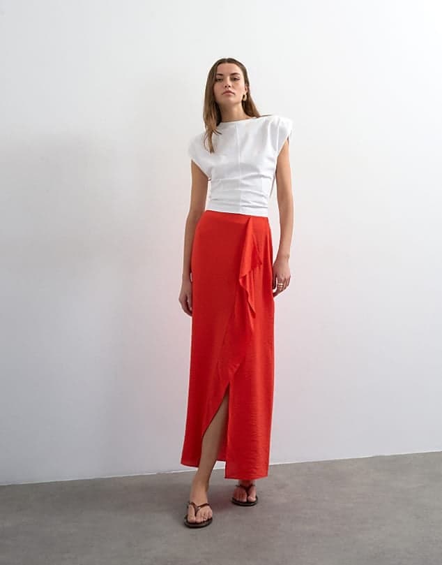 ASOS Topshop sarong wrap midi skirt in red — Vivid warm red skirt
