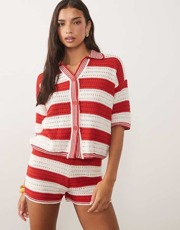 ASOS ASOS DESIGN Sally beach knit button through top co ord in red stripe — Bright red knitwear