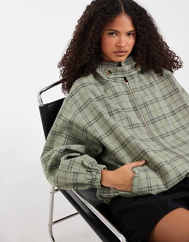 ASOS ASOS DESIGN casual harrington jacket with funnel neck in green check — Muted sage green jacket