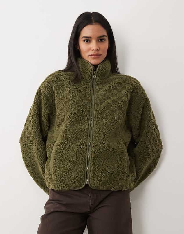 ASOS Vans Queens high pile jacket in medium green — Deep olive green jacket