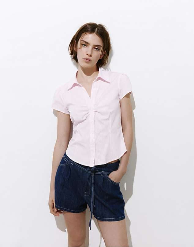 ASOS Pull&Bear Slim fit short sleeve shirt in multi — Light cool pink top