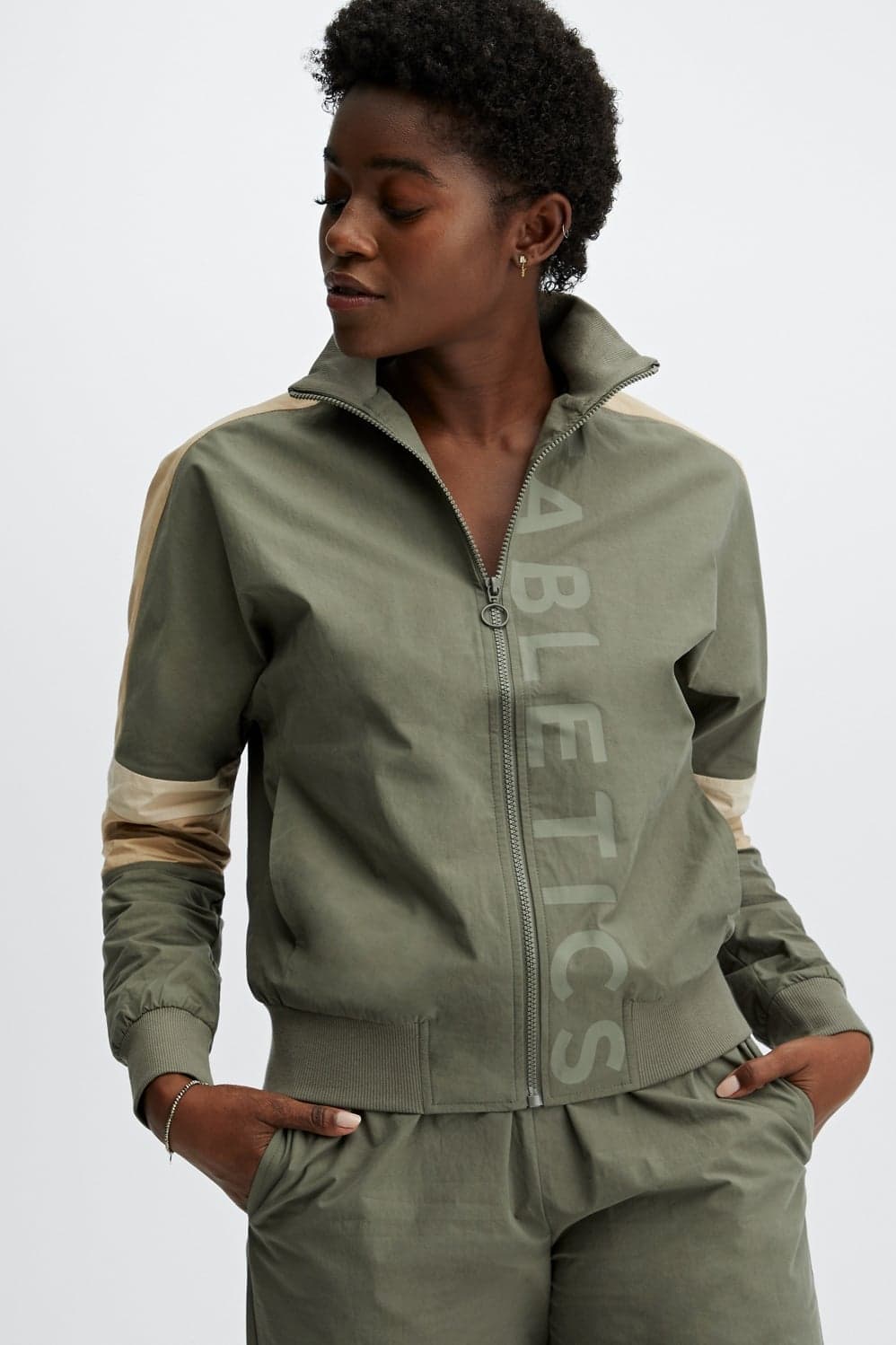 Fabletics Jayda Woven Jacket Slate Green/Multi — Muted olive green jacket — image 1 of 3