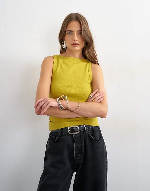 ASOS Topshop slash neck racer vest in green — Warm yellow green top