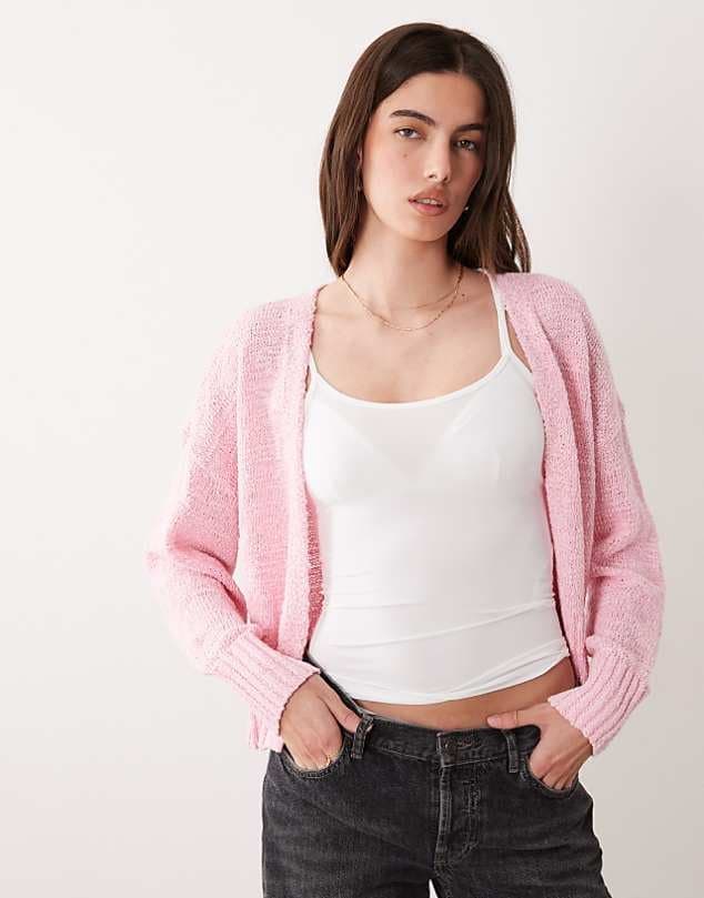 ASOS ASOS DESIGN slub edge to edge cardigan in pink — Soft light pink knitwear