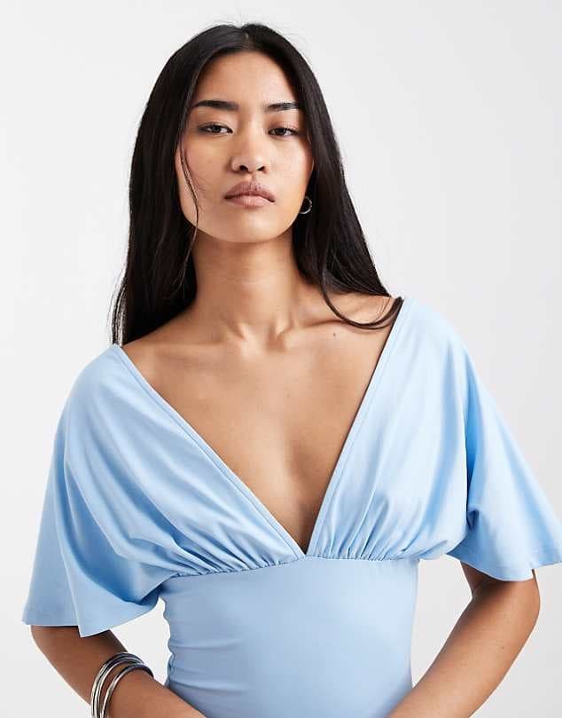ASOS ASOS DESIGN polyamide plunge sleeveless tie back cinch top in blue — Light powder blue top