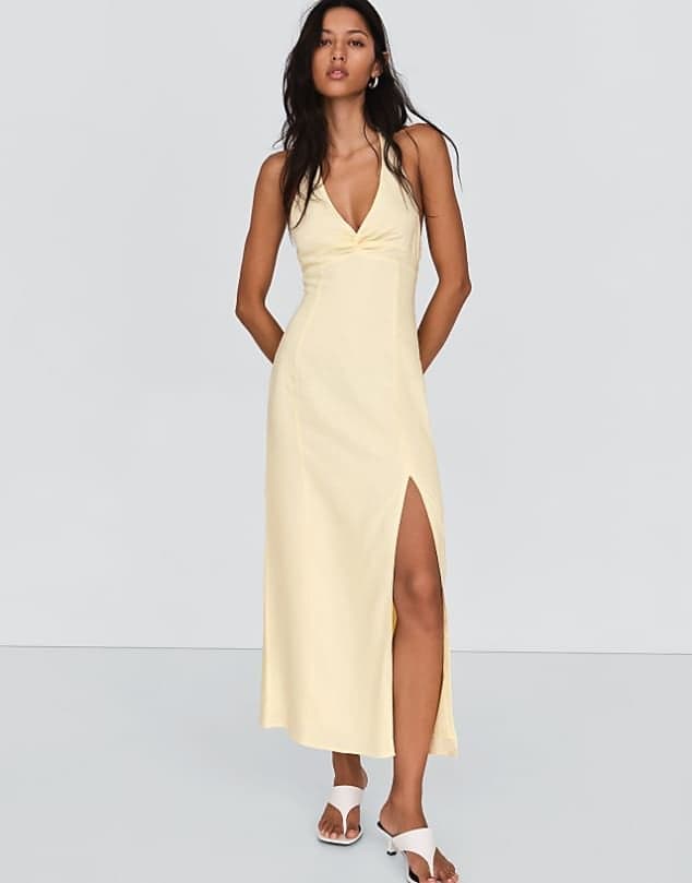 ASOS Bershka Halter midi dress with linen in yellow — Pale creamy yellow dress