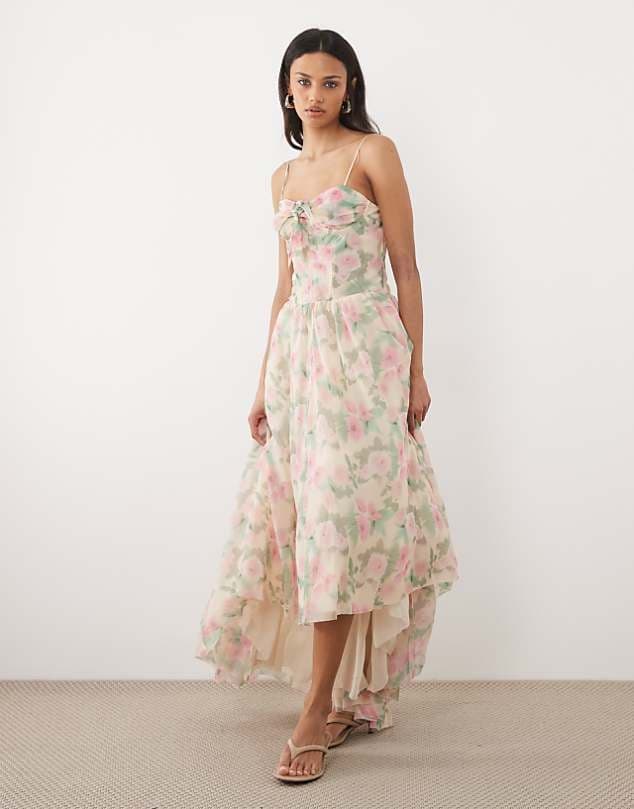 ASOS For Love & Lemons Lilou underwire corset detail asymmetric floaty hem maxi dress in pink floral — Light beige dress