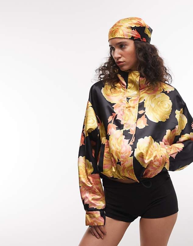 ASOS ASOS DESIGN oversized satin track jacket in bright floral print — Black jacket