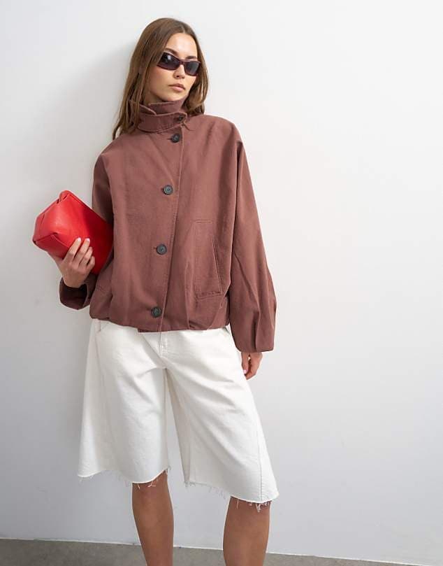 ASOS Topshop funnel neck bomber jacket in aubergine — Muted mauve brown jacket