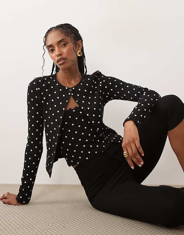 ASOS Miss Selfridge ribbed cardigan and cami set in polka dot — Black knitwear