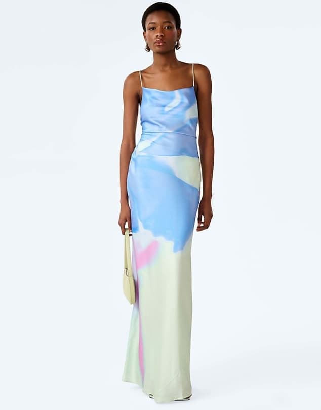 ASOS Omnes dresses ginny satin maxi dress with lace-up back in mint glitched floral in green — Light sky blue dress