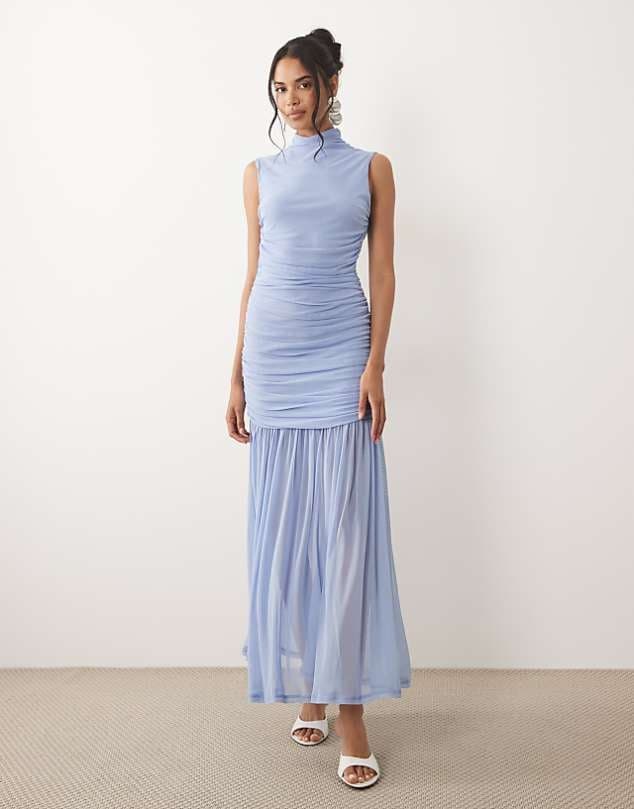 ASOS ASOS DESIGN ruched drop waist circle dress with grown in neck in baby blue — Muted baby blue dress