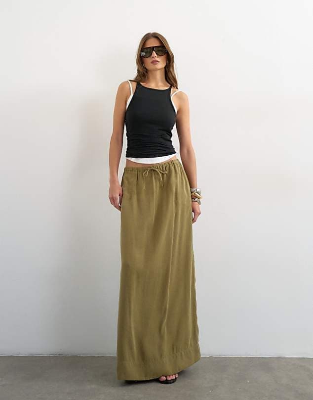 ASOS Topshop tie waist slouchy slim maxi skirt in olive — Muted olive green skirt