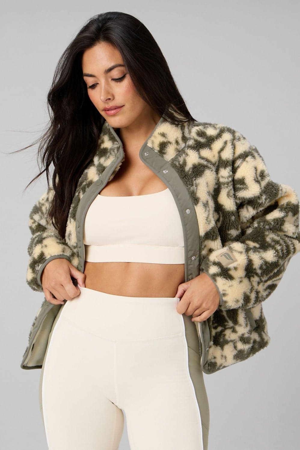 Fabletics Tahoe Teddy Jacquard Jacket Abstract Camo/Green Khaki — Muted cream beige jacket — image 1 of 3