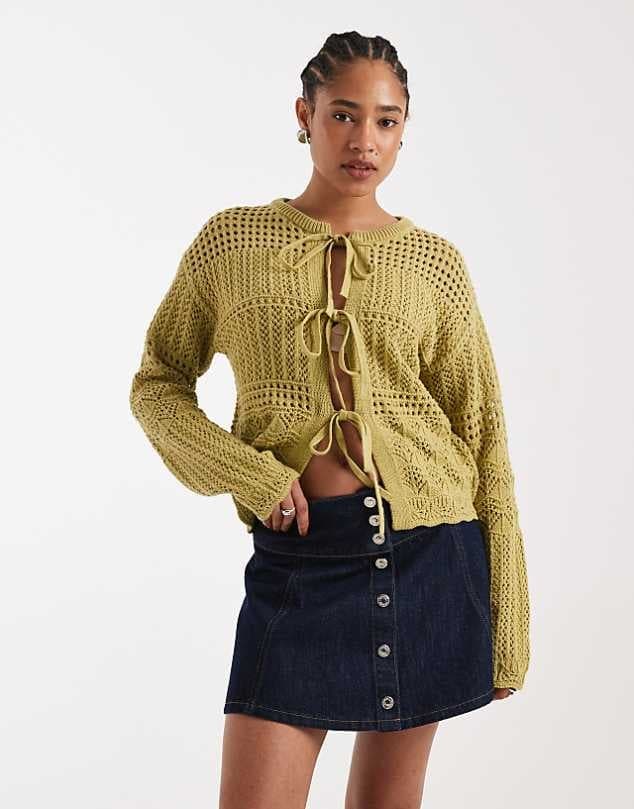 ASOS New Look tie front cardigan in green — Muted olive green knitwear