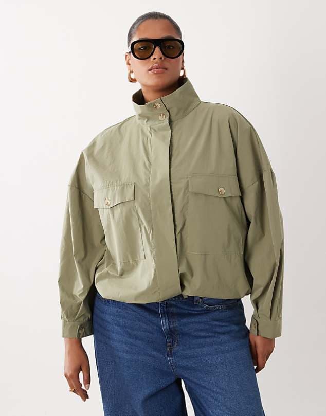 ASOS ASOS DESIGN Curve pocket detail windbreaker in khaki — Muted khaki green jacket
