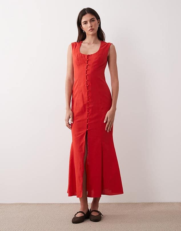 ASOS ASOS DESIGN square neck button down midi sundress in poppy red — Vivid poppy red dress