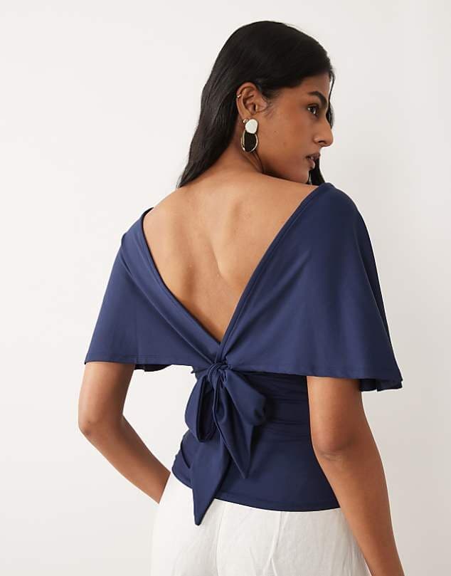 ASOS ASOS DESIGN polyamide plunge sleeveless tie back cinch top in navy — Deep navy blue top