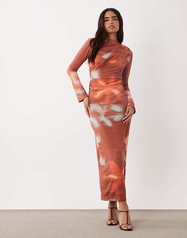 ASOS ASOS DESIGN asymmetric drape slash neck maxi dress in blurred print — Muted terracotta red dress