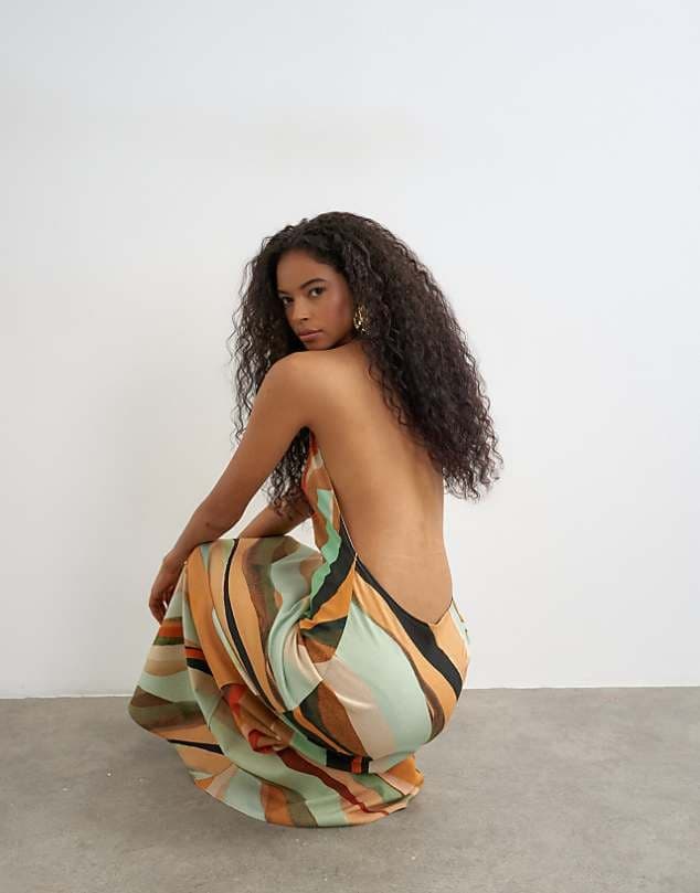 ASOS Topshop halter backless maxi in abstract stripe — Muted orange beige dress