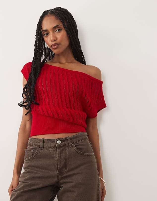 ASOS Miss Selfridge knitted off shoulder top in red — Deep cool red knitwear