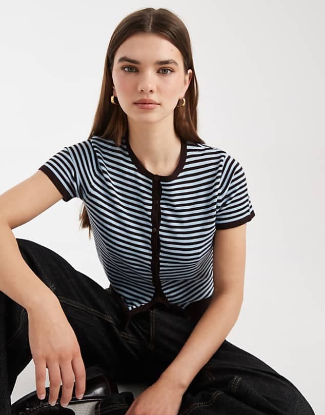 ASOS Cotton On cap sleeve crew cardigan in marine oak — Light blue knitwear