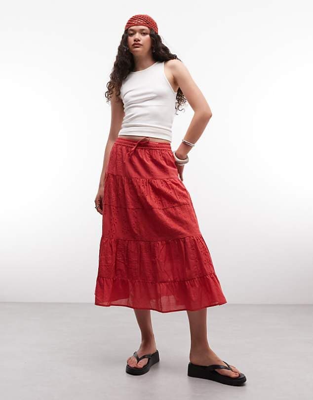 ASOS Daisy Street boho tiered broderie skirt in red — Warm muted red skirt