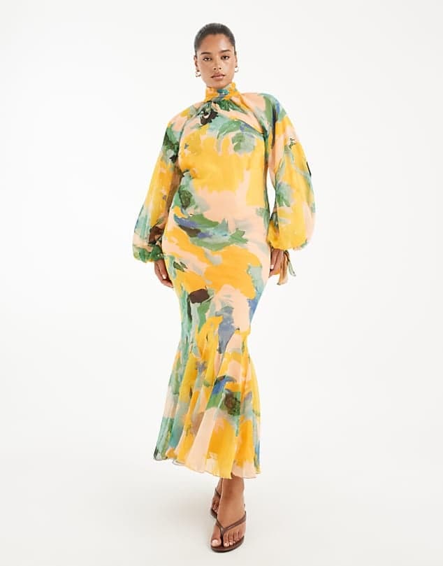 ASOS ASOS DESIGN Curve high neck maxi dress with godet hem in green floral print — Warm yellow dress
