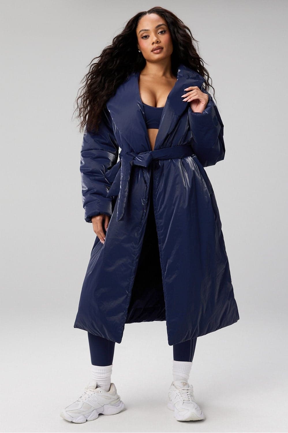 Fabletics Fabletics | Khloé Women's Belted Shine Insulated Long Coat — Deep navy blue jacket — image 1 of 5
