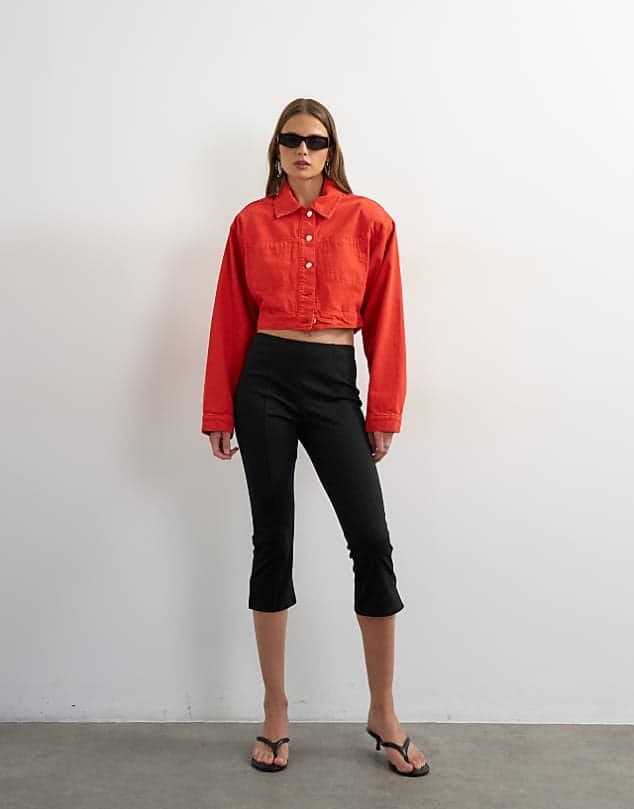 ASOS Topshop denim cropped shoulder pad jacket in red — Bright orange-red jacket