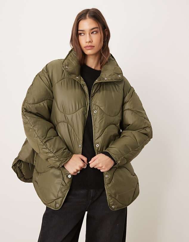 ASOS JJXX oversized quilted jacket with high neck in green — Muted olive green jacket