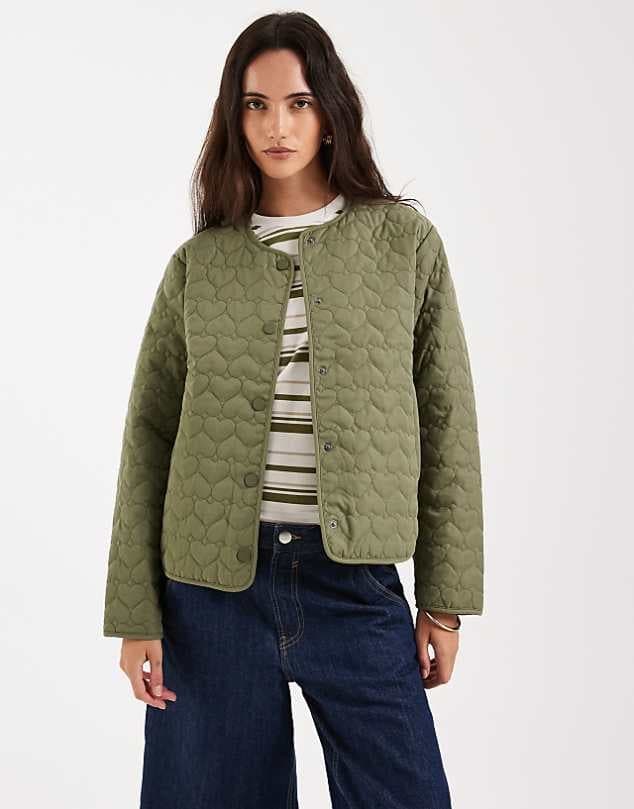 ASOS ONLY heart quilted jacket in khaki green — Muted olive green jacket