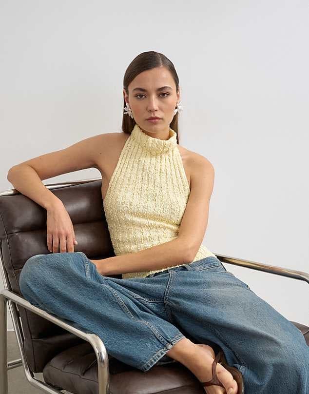 ASOS Topshop knitted drape neck low back top in yellow — Pale butter yellow knitwear