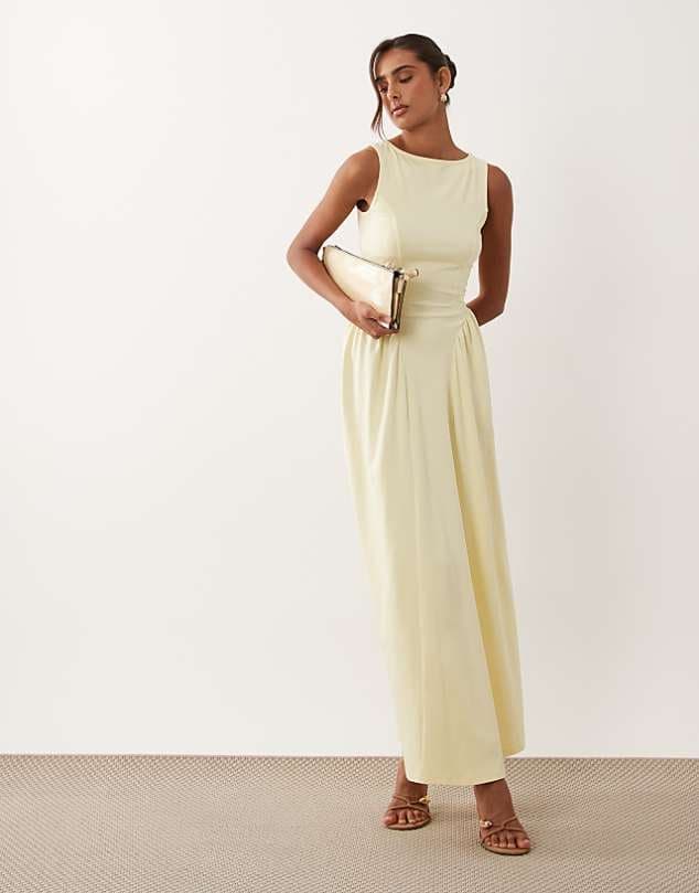 ASOS ASOS DESIGN boat neck waist detail midi dress in yellow — Pale butter yellow dress