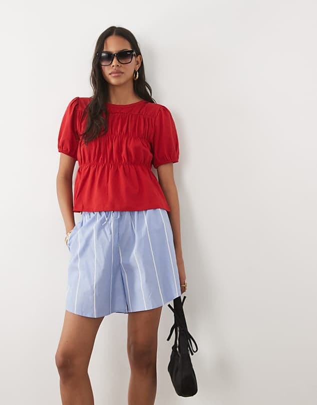 ASOS Miss Selfridge shirred peplum top in red — Bright red top
