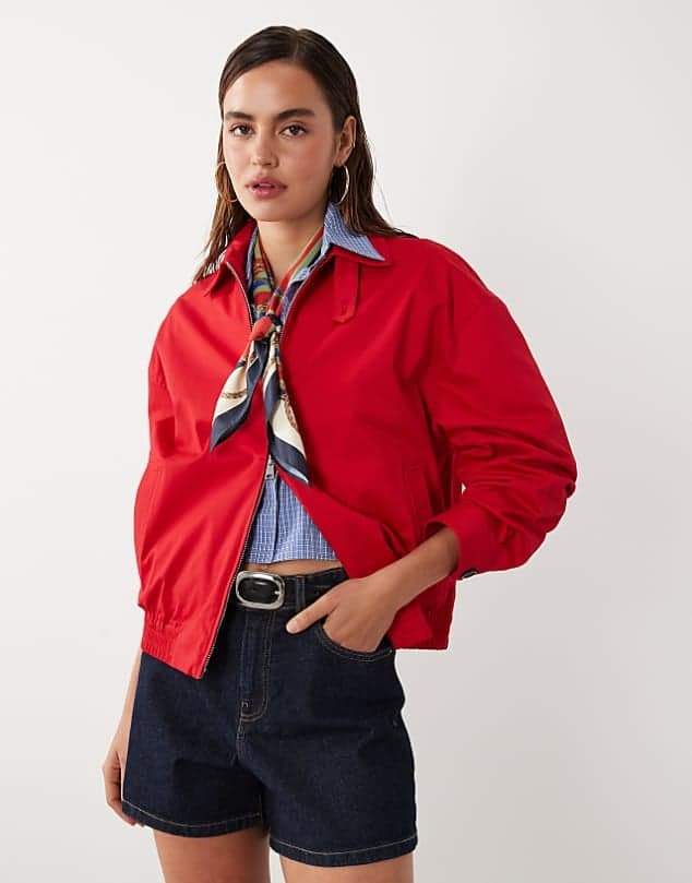 ASOS Mango starring Hailey Bieber cotton rich funnel neck jacket in bright red — Bright red jacket