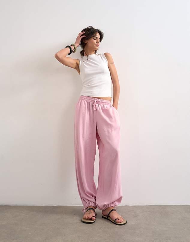 ASOS Topshop linen elasticated waist balloon trouser in pink — Soft blush pink trouser