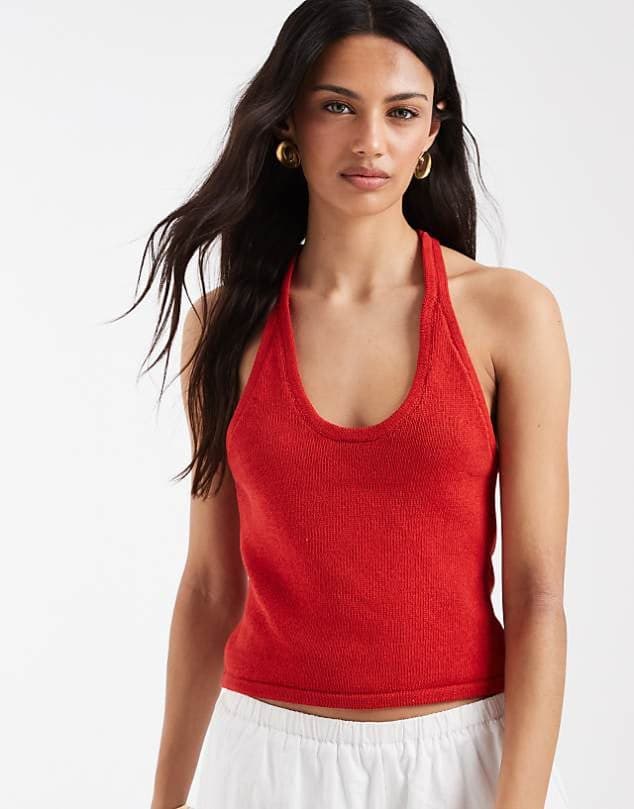 ASOS ASOS DESIGN knitted halter top with beads in red — Bright red knitwear