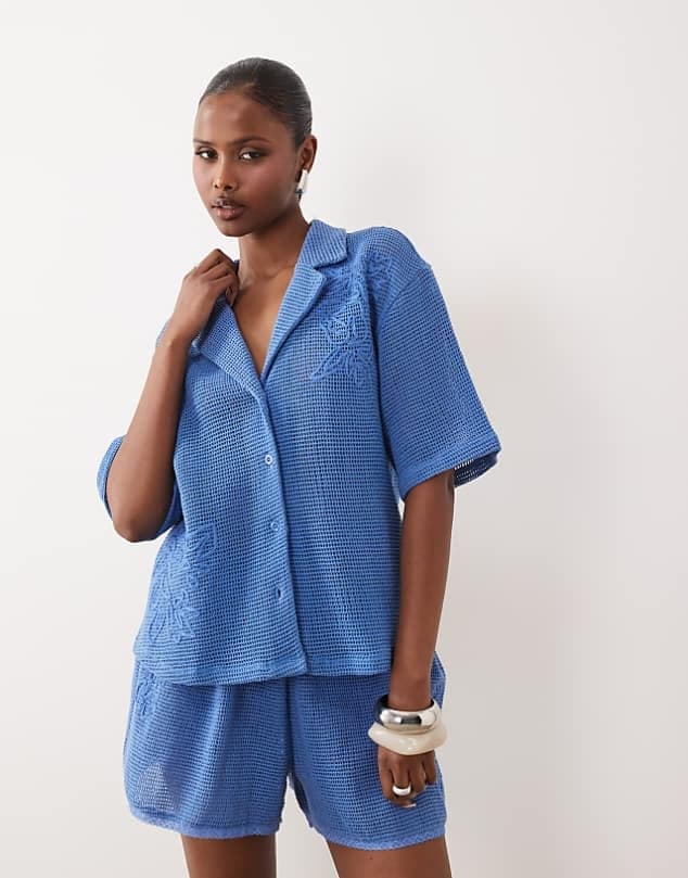 ASOS ASOS DESIGN open knit revere shirt co-ord with cornelli detail in blue — Cornflower blue top