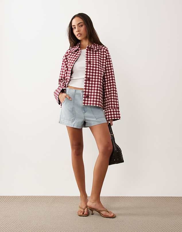 ASOS Nobody's Child Oyanti swing jacket in red gingham — Deep wine red jacket