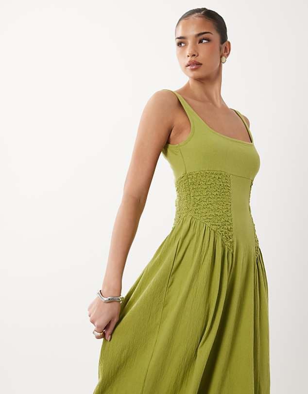 ASOS ASOS DESIGN crinkle square neck panel detail midi dress in citrus green — Muted yellow green dress