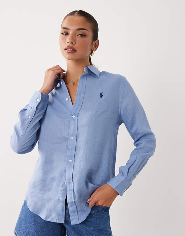 ASOS Polo Ralph Lauren icon logo classic fit linen shirt in mid blue — Muted periwinkle blue top