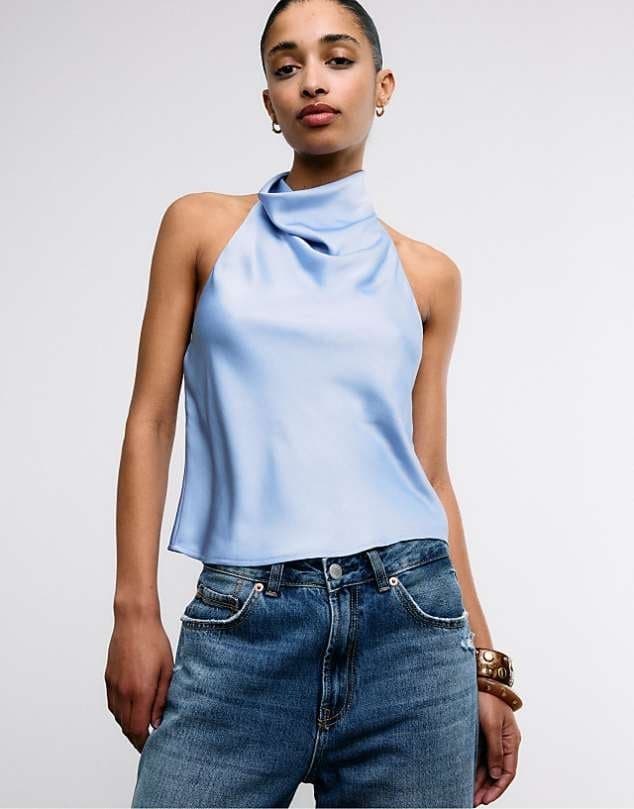 ASOS Stradivarius Satin effect halter top in sky blue — Light sky blue top