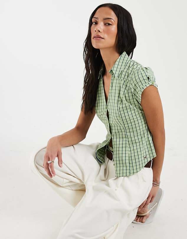 ASOS Hollister fitted cinched waist short sleeve shirt in green check — Light green top